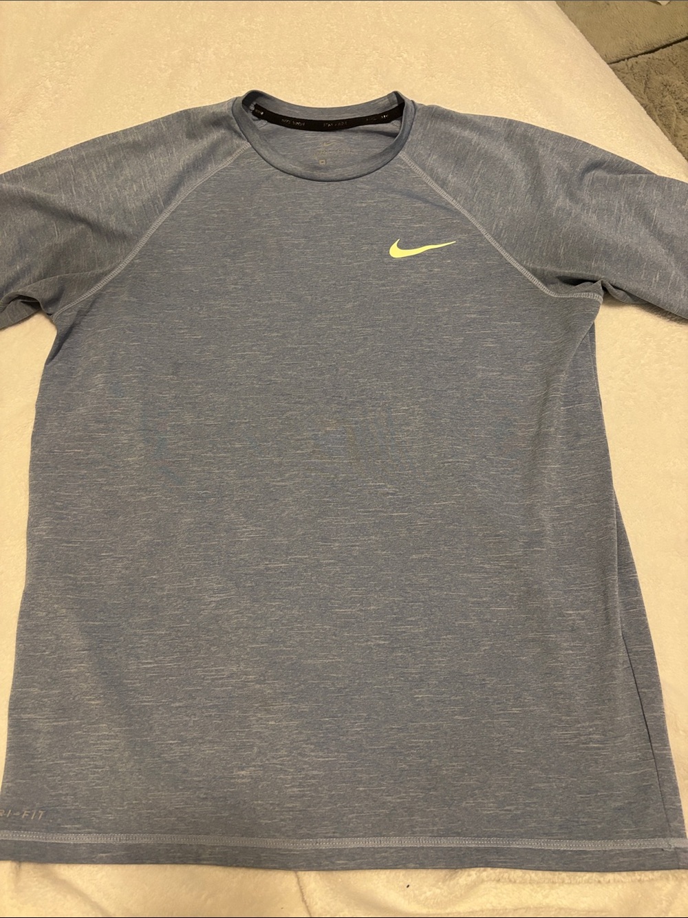 Nike Dri-Fit Heathered Light Blue Athletic Tee with Neon Yellow Swoosh
